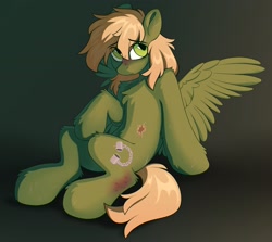 Size: 3200x2860 | Tagged: safe, artist:crimmharmony, oc, oc only, oc:murky, pegasus, pony, fallout equestria, fallout equestria: murky number seven, belly, belly fluff, blushing, chest fluff, eye clipping through hair, eyebrows, eyebrows visible through hair, fanfic art, gradient background, high res, hock fluff, leg fluff, partially open wings, pegasus oc, scar, sitting, solo, wings