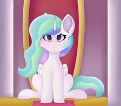 Size: 4000x3500 | Tagged: safe, artist:gaffy, princess celestia, alicorn, pony, :3, absurd file size, canterlot castle, cheek fluff, cute, cutelestia, ear fluff, eye clipping through hair, female, folded wings, front view, full body, high res, looking at you, mare, missing accessory, sitting, smiling, smiling at you, solo, throne, wings