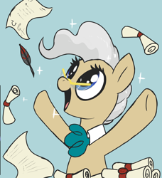 Size: 1850x2030 | Tagged: safe, artist:t72b, mayor mare, earth pony, pony, g4, blue background, cute, female, glasses, hooves in air, mare, mayorable, open mouth, paperwork, quill, rainbowshining, raised arms, scroll, simple background, solo, sparkles, that pony sure does love paperwork