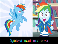 Size: 1600x1200 | Tagged: safe, artist:mlpfan3991, rainbow dash, human, pegasus, pony, equestria girls, g4, clothes, geode of super speed, happy, human ponidox, jacket, magical geodes, open mouth, rainbow dash day, self paradox, self ponidox, smiling, wristband