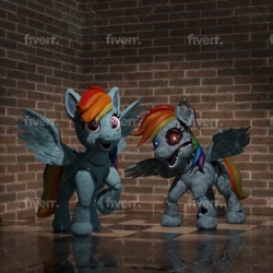 Size: 680x680 | Tagged: safe, artist:3d-darlin, artist:darlin_3d, rainbow dash, pegasus, pony, robot, robot pony, g4, 3d, 3d model, animatronic, brick wall, commission, creepy, crossover, duo, female, five nights at freddy's, fiverr, horror, obtrusive watermark, palindrome get, stock image, watermark