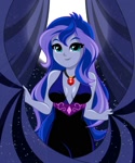 Size: 1003x1199 | Tagged: safe, artist:rosemile mulberry, princess luna, vice principal luna, human, equestria girls, absolute cleavage, bare shoulders, breasts, busty princess luna, cleavage, female, gem, redraw, siren gem, sleeveless, solo, younger