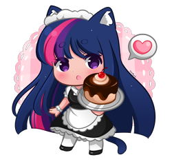 Size: 3744x3614 | Tagged: safe, artist:kittyrosie, twilight sparkle, human, g4, abstract background, apron, blue hair, blushing, cake, cat ears, cat tail, catgirl, chibi, clothes, cute, ear fluff, fangs, female, floating heart, food, heart, high res, hime cut, humanized, light skin, long hair, looking at you, looking forward, maid, maidlight sparkle, multicolored hair, nekomimi, open mouth, pink hair, purple hair, redraw, shoes, signature, simple background, skirt, solo, tail, tailed humanization, twiabetes, twilight cat