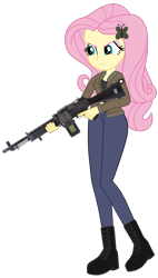 Size: 2320x4096 | Tagged: safe, artist:edy_january, artist:starryshineviolet, edit, vector edit, fluttershy, human, equestria girls, equestria girls series, g4, angry, boots, clothes, geode of fauna, girls und panzer, gun, holding, jacket, machine gun, magical geodes, marine, marines, military, military uniform, rage, saunders, shoes, simple background, soldier, solo, stoner m63, transparent background, trigger discipline, triggered, uniform, vector, weapon