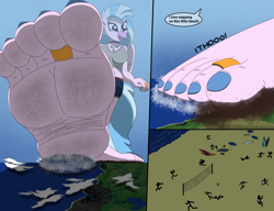 Size: 2750x2115 | Tagged: safe, artist:az12lol, silverstream, classical hippogriff, hippogriff, human, anthro, plantigrade anthro, g4, barefoot, barefooting, beach, big feet, comic, crush fetish, crushing, dirt, dirty, dirty feet, feet, female, fetish, foot fetish, foot focus, giant anthro, giant hippogriff, giant/macro hippogriff, giantess, giga giant, gigastream, goddess, high res, jewelry, legs, macro, mega giant, soles, solo, stomp, stomping, toe ring