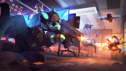 Size: 2600x1463 | Tagged: safe, artist:redchetgreen, oc, oc only, pegasus, pony, ar-15, armor, chair, city, clothes, colored, colored belly, computer, cracked, cracked screen, desk, dexterous hooves, drone, ear protection, explosion, fight, furniture, furrowed brow, gun, gunfire, handgun, headset, helmet, hexagon, holster, hoof hold, indoors, lighting, lightly watermarked, low angle, military uniform, monitor, mp7, office, office chair, pale belly, partially open wings, pdw, pistol, rifle, scenery, scenery porn, shading, shooting, signature, sitting, smoke, solo, static, sticky note, submachinegun, uniform, warning, watermark, weapon, window, wings