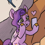 Size: 150x149 | Tagged: safe, idw, official comic, pipp petals, pegasus, pony, g5, spoiler:comic, spoiler:g5, spoiler:g5comic, spoiler:g5comic09, adorapipp, cropped, cute, floating heart, heart, looking at something, phone, picture for breezies, solo, that pony sure does love phones