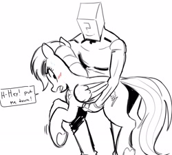 Size: 2894x2601 | Tagged: safe, artist:_ton618_, rainbow dash, oc, oc:anon, human, pegasus, pony, black and white, blushing, butt, duo, female, grayscale, holding a pony, looking back, male, mare, monochrome, partial color, plot, rainbutt dash, simple background, smiling, speech bubble, underhoof, white background
