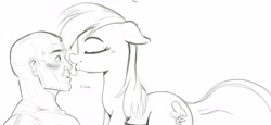 Size: 4096x1891 | Tagged: safe, artist:_ton618_, rainbow dash, oc, oc:anon, human, pegasus, pony, g4, black and white, cute, dashabetes, duo, eyes closed, female, floppy ears, grayscale, licking, male, mare, monochrome, simple background, tongue out, white background, wingless
