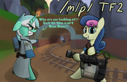 Size: 2800x1800 | Tagged: safe, bon bon, lyra heartstrings, sweetie drops, earth pony, pony, unicorn, g4, /mlp/ tf2 general, ammunition belt, angry, badwater, bipedal, cart, clothes, dialogue, duo, female, heavy weapons guy, jacket, looking at you, mare, medic, medic (tf2), minigun, payload, pointing, rock, smiling, standing on two hooves, team fortress 2, tunnel