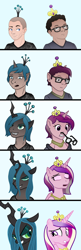 Size: 1720x5298 | Tagged: safe, artist:axiomtf, artist:zeydaan, princess cadance, queen chrysalis, alicorn, changeling, changeling queen, human, pony, g4, art shift, brainwashing, clothes, crown, glasses, hair growth, human to pony, jewelry, male to female, mental shift, mind control, regalia, rule 63, shirt, show accurate, swirly eyes, t-shirt, transformation, transformation sequence, transgender transformation