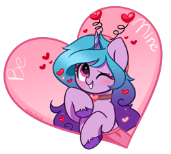 Size: 3928x3513 | Tagged: safe, artist:kittyrosie, izzy moonbow, pony, unicorn, g5, my little pony: tell your tale, secret ad-mare-er, spoiler:g5, spoiler:my little pony: tell your tale, spoiler:tyts01e44, blushing, choker, cute, female, hearts and hooves day, high res, holiday, izzybetes, mare, one eye closed, open mouth, open smile, simple background, smiling, transparent background, valentine's day