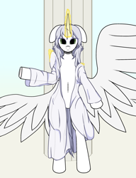 Size: 2000x2600 | Tagged: artist needed, source needed, safe, oc, oc only, oc:κασσάνδρα, alicorn, semi-anthro, alicorn oc, arm hooves, belly button, clothes, female, floppy ears, glowing, glowing horn, high res, horn, magic, magic aura, solo, wings