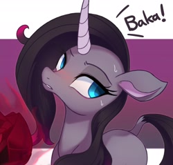 Size: 2182x2083 | Tagged: safe, alternate version, artist:maren, oleander (tfh), classical unicorn, pony, unicorn, them's fightin' herds, 2020, baka, blushing, book, cloven hooves, community related, curved horn, female, frown, horn, leonine tail, levitation, looking away, magic, mare, old art, oleandere, simple background, solo, sweat, sweatdrop, tail, telekinesis, tsundere, unicornomicon, unshorn fetlocks