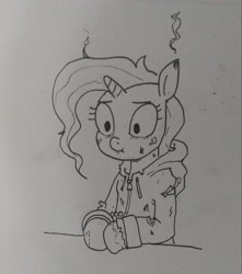 Size: 1811x2048 | Tagged: safe, artist:pony quarantine, trixie, pony, unicorn, g4, clothes, cuffs, female, grayscale, hoodie, mare, monochrome, pencil drawing, singed, smoke, solo, traditional art
