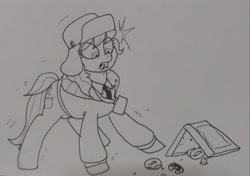 Size: 2048x1441 | Tagged: safe, artist:pony quarantine, march gustysnows, earth pony, pony, g4, clothes, donut, female, food, grayscale, hat, horrified, jacket, looking down, mare, monochrome, necktie, open mouth, pencil drawing, shocked, solo, the horror, traditional art
