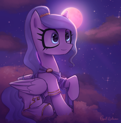 Size: 2240x2272 | Tagged: safe, artist:opal_radiance, oc, oc only, oc:opal rosamond, pegasus, pony, ancient cloudsdale, clothes, cloud, eyelashes, female, folded wings, greek, greek clothes, greek mythology, high res, mare, moon, night, night sky, on a cloud, pegasus oc, raised hoof, signature, sitting, sitting on a cloud, sky, smiling, solo, starry sky, wings