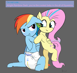 Size: 1735x1631 | Tagged: safe, artist:drasill, fluttershy, rainbow dash, pegasus, pony, g4, abdl, alternate hairstyle, bipedal, blushing, diaper, diaper fetish, duo, duo female, embarrassed, female, fetish, i'm not cute, non-baby in diaper, pouting, raised leg, simple background, smiling, text, wetness indicator