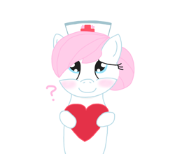 Size: 1246x1096 | Tagged: safe, nurse redheart, earth pony, pony, g4, blushing, heart, looking at you, looking up, looking up at you, question mark, simple background, smiling, solo, white background