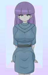 Size: 1433x2224 | Tagged: safe, artist:batipin, maud pie, human, equestria girls, g4, breasts, busty maud pie, female, gradient background, looking at you, sitting, solo