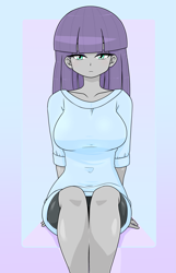 Size: 1433x2224 | Tagged: safe, alternate version, artist:batipin, maud pie, human, equestria girls, g4, breasts, busty maud pie, clothes, female, gradient background, looking at you, sitting, skirt, solo, upskirt