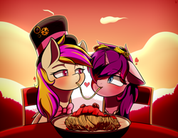 Size: 3000x2340 | Tagged: safe, artist:alexsc112, oc, oc only, pegasus, pony, unicorn, chair, cloud, commission, duo, floating heart, food, goggles, goggles on head, hat, heart, high res, horn, looking at each other, looking at someone, oc x oc, pasta, pegasus oc, shipping, spaghetti, sunset, top hat, tree, unicorn oc