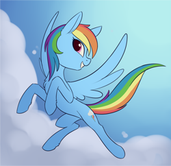 Size: 2961x2872 | Tagged: safe, artist:dusthiel, rainbow dash, pegasus, pony, g4, backwards cutie mark, belly, chest fluff, cloud, concave belly, ear fluff, grin, high res, leg fluff, looking at you, looking back, looking back at you, on a cloud, rearing, slender, smiling, smiling at you, solo, spread wings, tail, thin, turned head, windswept tail, wings