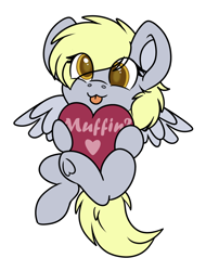 Size: 1228x1620 | Tagged: safe, artist:rokosmith26, derpy hooves, pegasus, pony, g4, :p, big eyes, chibi, cute, eye clipping through hair, female, front view, heart, hearts and hooves day, holding, holiday, looking at you, mare, simple background, smiling, smiling at you, solo, spread wings, tongue out, transparent background, underhoof, valentine's day, wings, ych example, yellow eyes, your character here