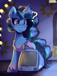 Size: 1500x2000 | Tagged: safe, artist:shadowreindeer, misty brightdawn, pony, unicorn, g5, computer, confused, imac, imac g3, looking at something, macintosh (computer), question mark, solo, unshorn fetlocks