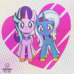 Size: 1920x1920 | Tagged: safe, artist:theratedrshimmer, starlight glimmer, trixie, pony, unicorn, g4, :3, blushing, cute, duo, duo female, female, heart, lesbian, ship:startrix, shipping, smiling