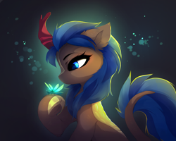 Size: 3810x3048 | Tagged: safe, artist:magnaluna, edit, oc, oc only, oc:cobalt flame, insect, kirin, pony, abstract background, chest fluff, ear fluff, gradient background, high res, hoof fluff, insect on hoof, kirin oc, looking at something, solo, underhoof