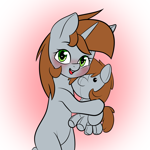 Size: 3000x3000 | Tagged: safe, artist:alexsc112, oc, oc only, oc:littlepip, pony, unicorn, fallout equestria, adult blank flank, bipedal, blank flank, blushing, brown mane, brown tail, cute, duality, female, gradient background, green eyes, heart, heart eyes, high res, holding, horn, hug, looking at you, mare, missing cutie mark, ocbetes, pipabetes, plushie, self plushidox, smiling, smiling at you, solo, tail, wingding eyes