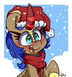 Size: 2200x2352 | Tagged: safe, artist:lou, oc, oc only, oc:cobalt flame, kirin, christmas, clothes, cloven hooves, hat, high res, holiday, kirin oc, santa hat, scarf, snow, snowfall, solo