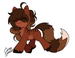 Size: 624x483 | Tagged: source needed, safe, artist:cottonsweets, oc, oc only, oc:maia, hybrid, pony, raccoon, raccoon pony, ahoge, belly fluff, blushing, chest fluff, colored ear fluff, colored hooves, ear fluff, eye clipping through hair, eyes closed, facial markings, female, happy, hock fluff, mare, multicolored tail, pale belly, simple background, smiling, solo, striped back, stripes, tail, trotting, two toned mane, unshorn fetlocks, white background