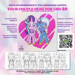 Size: 1280x1280 | Tagged: safe, artist:theratedrshimmer, starlight glimmer, trixie, pony, unicorn, g4, advertisement, clothes, commission, commission info, dress, female, lesbian, ship:startrix, shipping, wedding dress, your character here