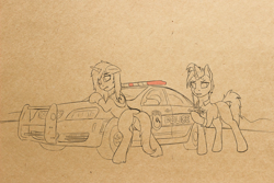 Size: 6000x4000 | Tagged: safe, artist:leesys, oc, oc only, oc:leesys, oc:stein, pony, unicorn, butt, car, clothes, colt, female, foal, hoodie, male, mare, plot, police, police car, tail, walkie talkie