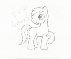 Size: 1024x856 | Tagged: dead source, safe, artist:theshadowstone, oc, oc:2bit marksman, crystal pony, crystal pony oc, facial hair, goatee, handwriting, looking up, male, monochrome, name, sketch, smiling, solo, stallion, stallion oc