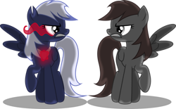 Size: 1024x634 | Tagged: dead source, safe, artist:theshadowstone, oc, oc:onyx penumbra, oc:shadowstone, original species, pegasus, pony, umbra pony, alternate color palette, amulet, angry, brown eyes, brown mane, brown tail, death stare, duality, duo, duo female, eye mist, female, glare, glowing, gray eyes, gritted teeth, jewelry, looking at each other, looking at someone, mare, mirrored, one wing out, pegasus oc, pendant, raised hoof, shading, shadow, simple background, staring contest, tail, teeth, transparent background, two toned mane, vector, white mane, white tail, wings
