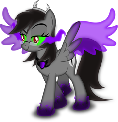 Size: 1024x1055 | Tagged: dead source, safe, artist:theshadowstone, oc, oc:shadowstone, pegasus, pony, amulet, artificial wings, augmented, brown mane, brown tail, corrupted, crown, eye mist, eyebrows, female, green sclera, jewelry, lidded eyes, looking at something, magic, magic wings, mare, pegasus oc, raised eyebrow, red eyes, red pupils, regalia, shield, simple background, sinister smile, smiling, smoke, sombra eyes, spread wings, tail, transparent background, wings
