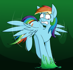 Size: 1868x1798 | Tagged: safe, artist:moonatik, rainbow dash, pegasus, pony, g4, abstract background, bondage, changeling slime, female, flapping, flapping wings, flying, gritted teeth, mare, pinpoint eyes, scared, solo, spine, stuck, teeth, wings