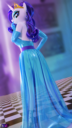Size: 2160x3840 | Tagged: safe, artist:shadowboltsfm, rarity, unicorn, anthro, plantigrade anthro, g4, 3d, beautiful, blender, blue lipstick, breasts, clothes, crown, dress, ear piercing, earring, eyelashes, eyeshadow, feet, female, gloves, high heels, high res, jewelry, lipstick, long gloves, looking at you, looking back, looking back at you, makeup, nail polish, no tail, not sfm, open-toed shoes, piercing, regalia, shoes, solo, toenail polish, toes