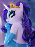 Size: 2160x2880 | Tagged: safe, artist:shadowboltsfm, rarity, unicorn, anthro, plantigrade anthro, 3d, beautiful, blender, blue lipstick, breasts, clothes, crown, ear piercing, earring, eyelashes, eyeshadow, female, gloves, high res, jewelry, lipstick, long gloves, looking at you, looking back, looking back at you, makeup, not sfm, piercing, regalia, solo