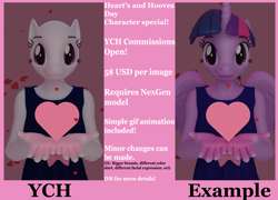 Size: 3000x2160 | Tagged: safe, artist:kamimation, twilight sparkle, alicorn, earth pony, anthro, g4, 3d, advertisement, blender, clothes, commission, commission info, folded wings, heart, high res, holiday, looking at you, smiling, smiling at you, text, twilight sparkle (alicorn), valentine's day, wings, ych example, your character here