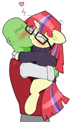 Size: 1400x2350 | Tagged: safe, alternate version, artist:kumakum, moondancer, oc, oc:anon, human, pony, (you), cute, female, heart, holding a pony, kiss on the lips, kissing, male, mare, simple background, transparent background, wholesome