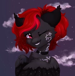 Size: 2813x2883 | Tagged: safe, artist:melodylibris, oc, oc only, oc:julia_sunlight, pegasus, pony, bust, choker, grin, high res, one eye closed, smiling, solo, starry wings, wings