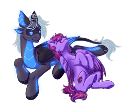 Size: 1767x1470 | Tagged: artist needed, safe, oc, oc only, oc:amika, oc:veen, original species, pegasus, plane pony, pony, robot, robot pony, belly, cuddling, duo, fluffy, heterochromia, partially open wings, pegasus oc, plane, shipping, simple background, transparent background, wings