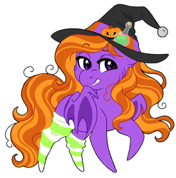 Size: 1024x1037 | Tagged: safe, artist:azure-art-wave, oc, oc only, oc:witches brew, bat pony, pony, chibi, clothes, female, hat, mare, simple background, socks, solo, striped socks, transparent background, witch hat