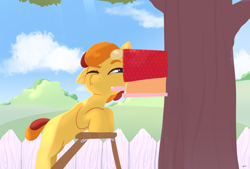 Size: 1920x1300 | Tagged: safe, artist:storyteller, oc, oc only, oc:omelette, earth pony, pony, bird house, colt, fence, foal, ladder, lineless, male, one ear down, solo, squint, tree