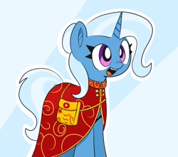 Size: 1380x1220 | Tagged: safe, artist:pizzahutjapan, trixie, pony, unicorn, g4, bag, chinese, clothes, dress, female, gameloft interpretation, mare, open mouth, saddle bag, simple background, solo