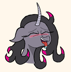 Size: 553x559 | Tagged: safe, oleander (tfh), pony, unicorn, them's fightin' herds, ahegao, banned from foenum, blushing, community related, curved horn, drool, eyes closed, female, horn, open mouth, tongue out